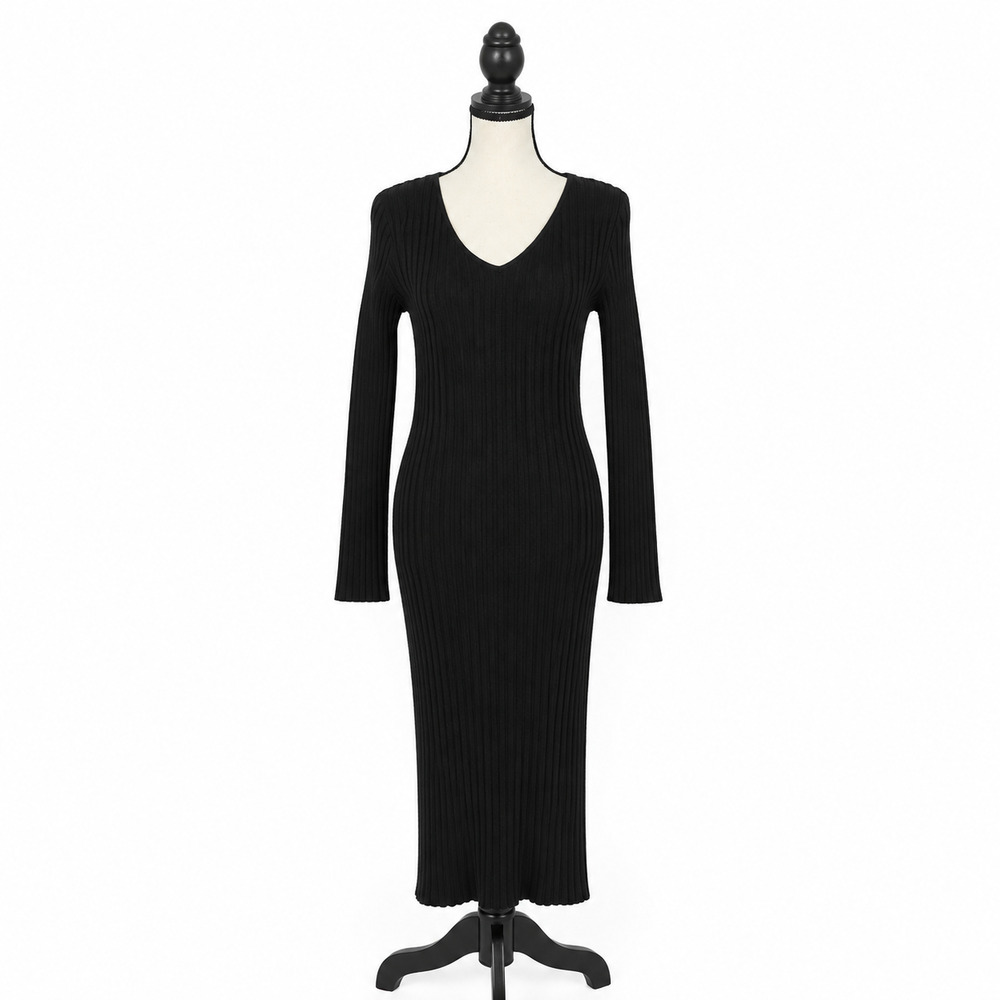 Quince Cotton Cashmere Ribbed Long Sleeve V-Neck Midi Dress Womens Size M Black